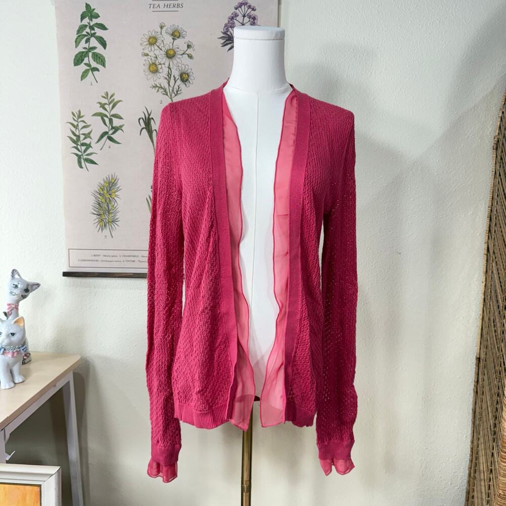 Pink Ruffle Open Knit Cardigan Sweater Coquette Dolly Femme Dollette Dainty S